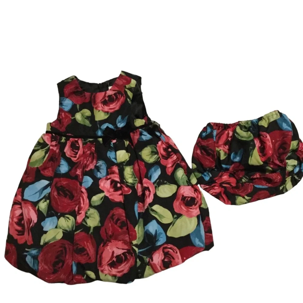 THE CHILDREN’S PLACE sz 12 Months Dress Set Floral Sleeveless Bow Red Black